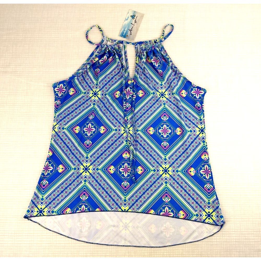 AvaLynn Halter Top String Tie Geometric Blue Pink Sz S Travel Beach Coastal NWT